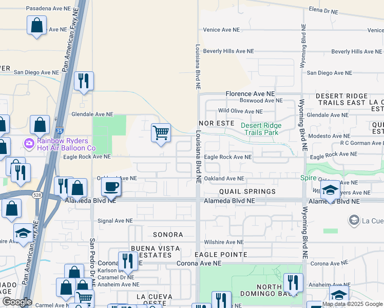 map of restaurants, bars, coffee shops, grocery stores, and more near 6928 Gabbro Avenue Northeast in Albuquerque