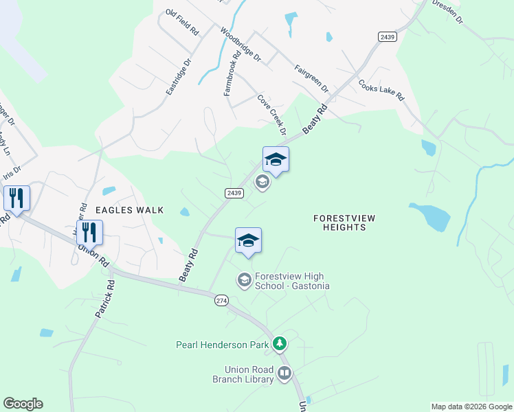 map of restaurants, bars, coffee shops, grocery stores, and more near 4340 Beaty Road in Gastonia