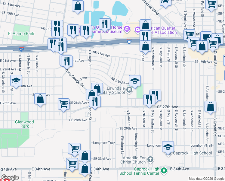 map of restaurants, bars, coffee shops, grocery stores, and more near 2232 Southeast 23rd Avenue in Amarillo