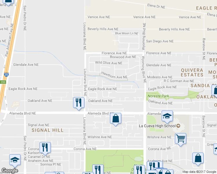 map of restaurants, bars, coffee shops, grocery stores, and more near 9016 Lazy Brook Court Northeast in Albuquerque