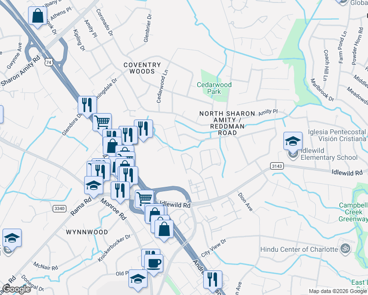 map of restaurants, bars, coffee shops, grocery stores, and more near 5702 Cedars East Court in Charlotte