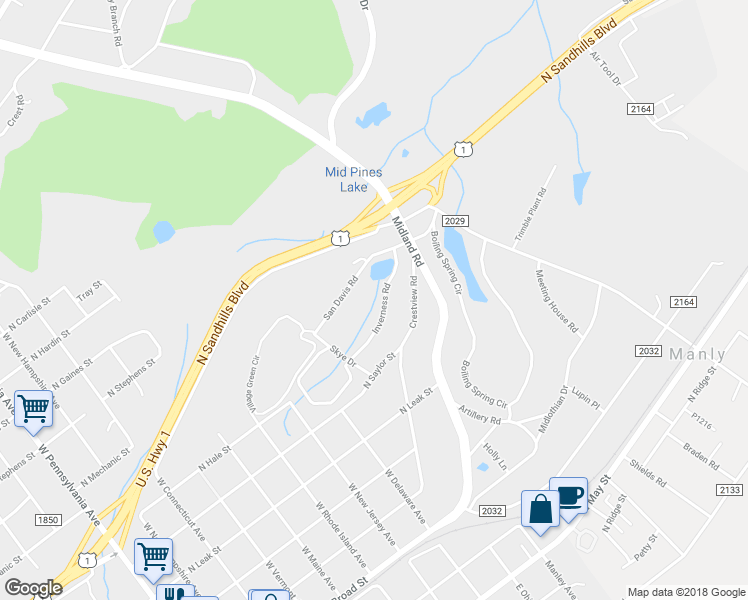 map of restaurants, bars, coffee shops, grocery stores, and more near 1040 Inverness Road in Southern Pines