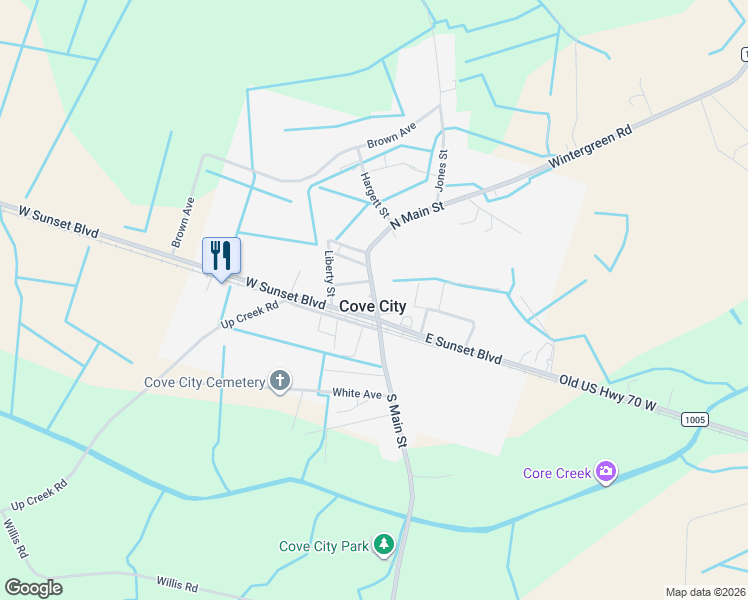 map of restaurants, bars, coffee shops, grocery stores, and more near 106 North Main Street in Cove City