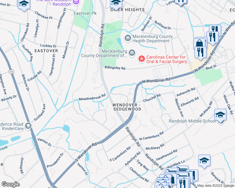 map of restaurants, bars, coffee shops, grocery stores, and more near 3720 Wendwood Lane in Charlotte