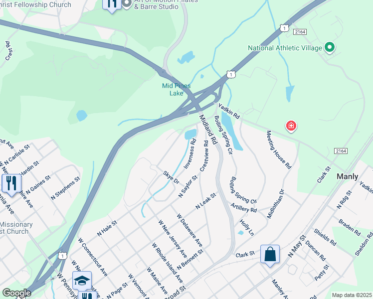 map of restaurants, bars, coffee shops, grocery stores, and more near 1040 Inverness Road in Southern Pines