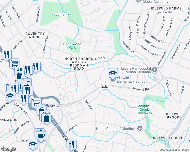 map of restaurants, bars, coffee shops, grocery stores, and more near 7015 Reddman Road in Charlotte