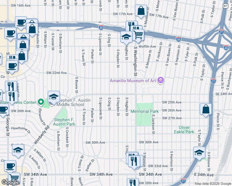 map of restaurants, bars, coffee shops, grocery stores, and more near 2405 South Ong Street in Amarillo