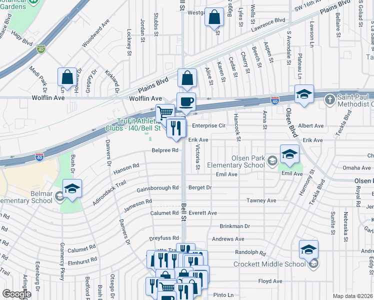 map of restaurants, bars, coffee shops, grocery stores, and more near 6000 Hanson Road in Amarillo