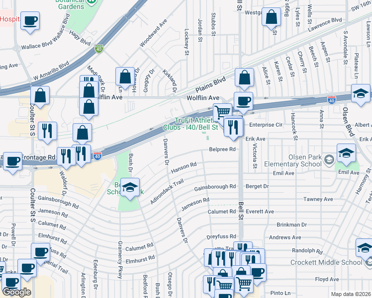 map of restaurants, bars, coffee shops, grocery stores, and more near 6115 Belpree Road in Amarillo