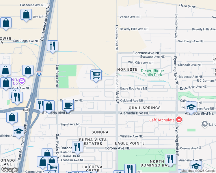 map of restaurants, bars, coffee shops, grocery stores, and more near 6901 Shale Avenue Northeast in Albuquerque