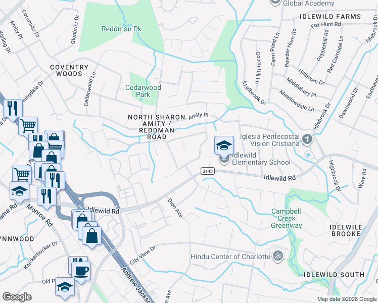 map of restaurants, bars, coffee shops, grocery stores, and more near 7015 Reddman Road in Charlotte
