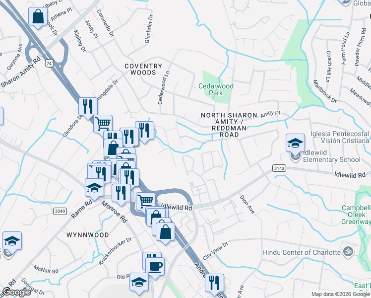 map of restaurants, bars, coffee shops, grocery stores, and more near 5702 Cedars East Court in Charlotte