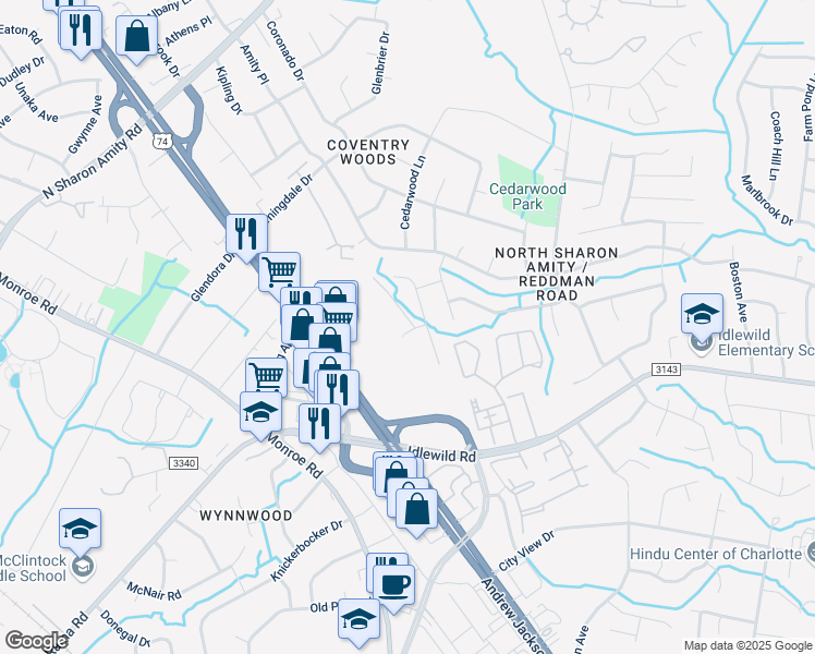 map of restaurants, bars, coffee shops, grocery stores, and more near 6915 Penn Lane in Charlotte