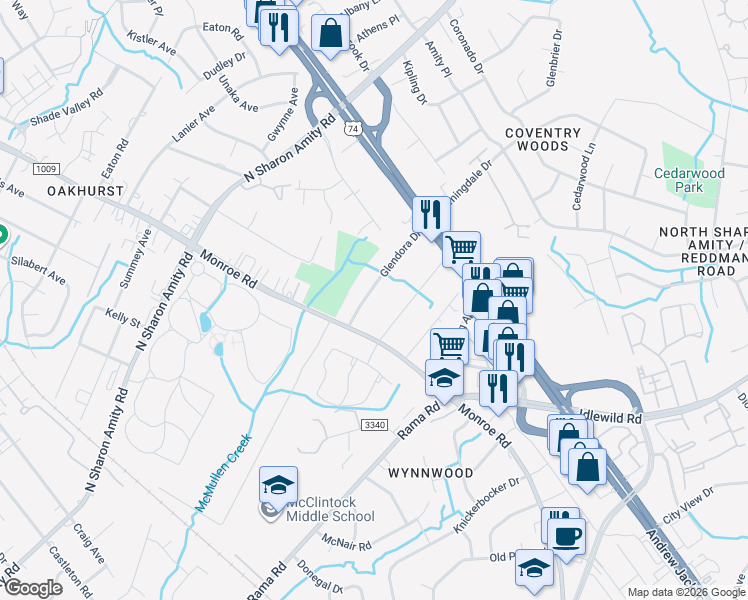 map of restaurants, bars, coffee shops, grocery stores, and more near 719 Ashmore Drive in Charlotte