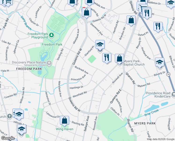 map of restaurants, bars, coffee shops, grocery stores, and more near 2146 Princeton Avenue in Charlotte