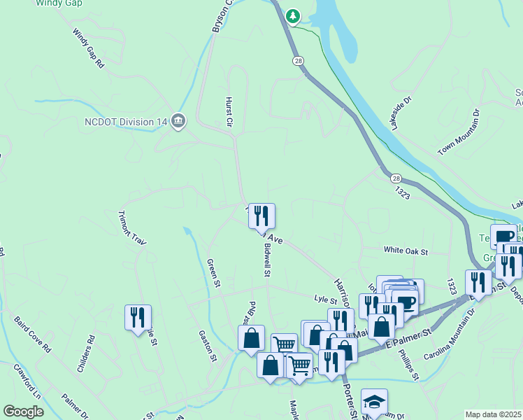 map of restaurants, bars, coffee shops, grocery stores, and more near 1 Harrison Avenue in Franklin