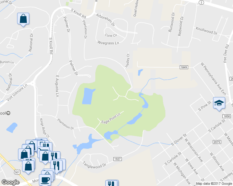 map of restaurants, bars, coffee shops, grocery stores, and more near 116 West Chelsea Court in Southern Pines