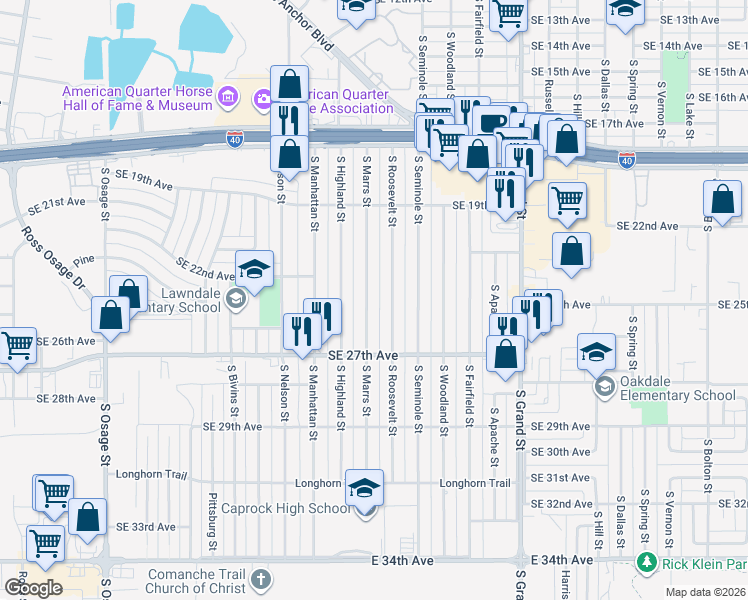 map of restaurants, bars, coffee shops, grocery stores, and more near 1955 South Marrs Street in Amarillo