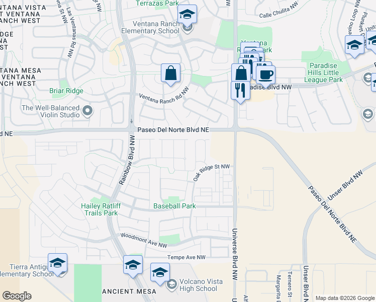 map of restaurants, bars, coffee shops, grocery stores, and more near 9305 Silver Mesa Street in Albuquerque