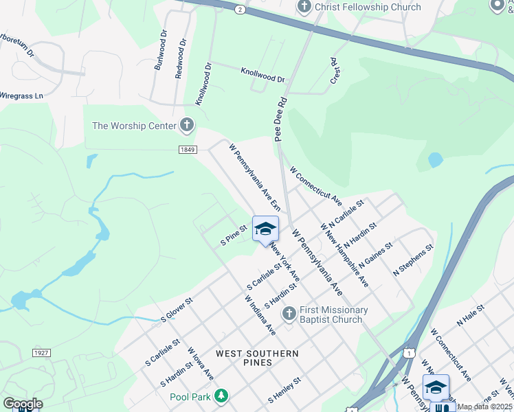 map of restaurants, bars, coffee shops, grocery stores, and more near 1545 West New York Avenue in Southern Pines
