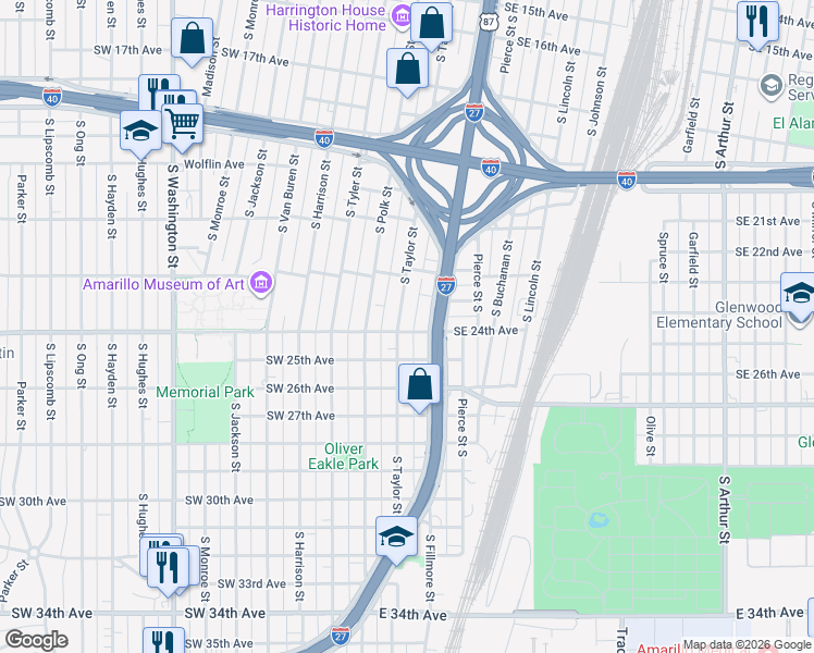 map of restaurants, bars, coffee shops, grocery stores, and more near 2225 South Taylor Street in Amarillo
