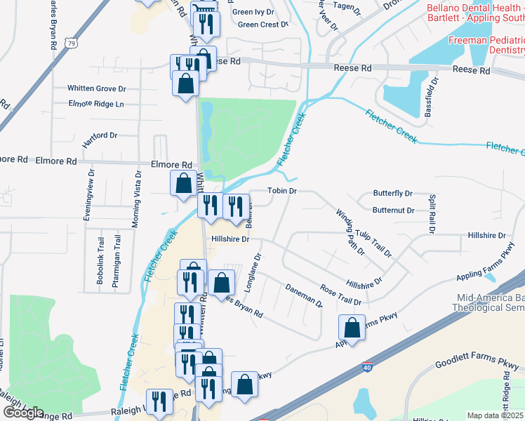map of restaurants, bars, coffee shops, grocery stores, and more near 2243 Hometown Drive in Memphis