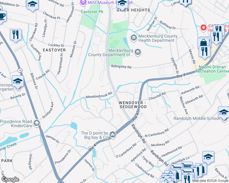 map of restaurants, bars, coffee shops, grocery stores, and more near Randolph Road & Wendwood Lane in Charlotte