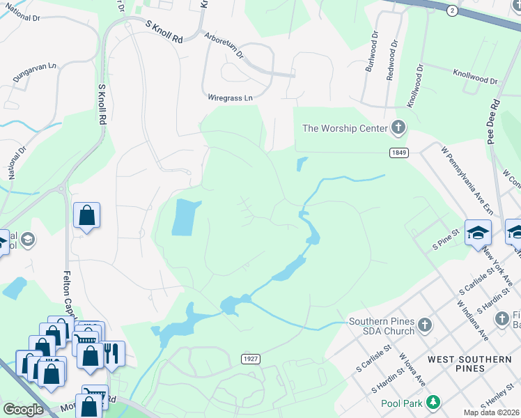 map of restaurants, bars, coffee shops, grocery stores, and more near 110 West Chelsea Court in Southern Pines