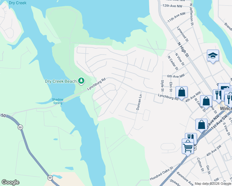 map of restaurants, bars, coffee shops, grocery stores, and more near 166 Brookfield Circle in Winchester