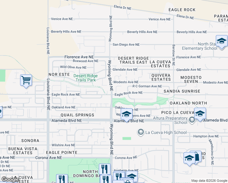 map of restaurants, bars, coffee shops, grocery stores, and more near 7536 Eagle Rock Avenue Northeast in Albuquerque