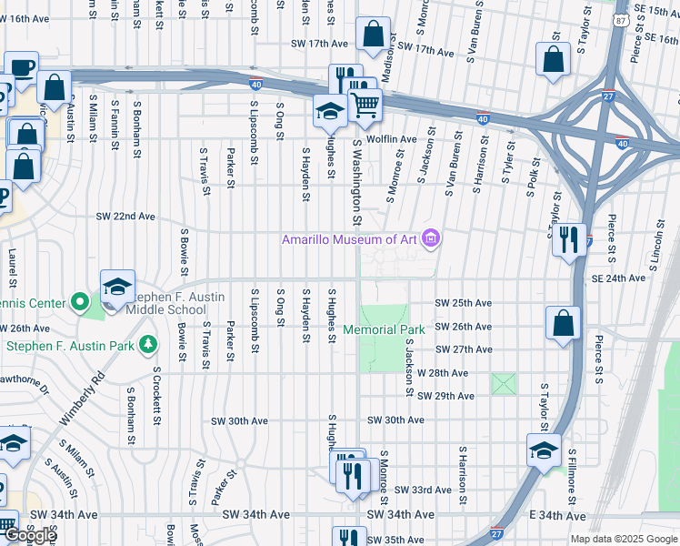map of restaurants, bars, coffee shops, grocery stores, and more near 2404 South Hughes Street in Amarillo