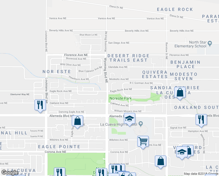 map of restaurants, bars, coffee shops, grocery stores, and more near 7536 Eagle Rock Avenue Northeast in Albuquerque