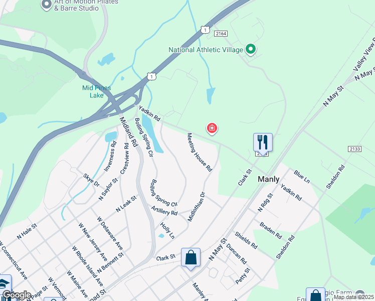 map of restaurants, bars, coffee shops, grocery stores, and more near 155 Meeting House Road in Southern Pines