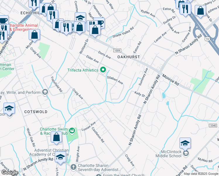 map of restaurants, bars, coffee shops, grocery stores, and more near 1508 Sylvia Court in Charlotte