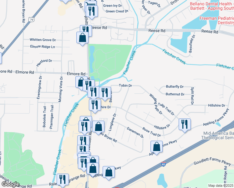 map of restaurants, bars, coffee shops, grocery stores, and more near 2243 Hometown Drive in Memphis