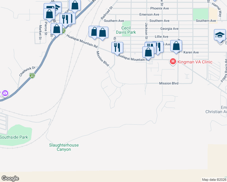 map of restaurants, bars, coffee shops, grocery stores, and more near 2187 Mesa Drive in Kingman