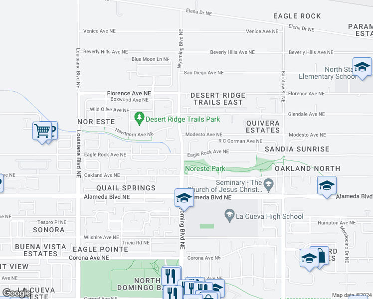 map of restaurants, bars, coffee shops, grocery stores, and more near 9005 Walter Bambrook Place Northeast in Albuquerque