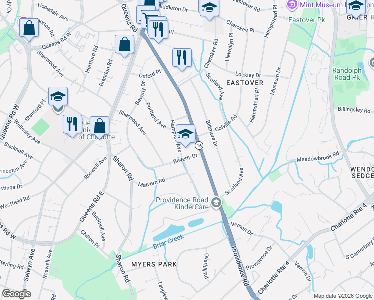 map of restaurants, bars, coffee shops, grocery stores, and more near 2310 Beverly Drive in Charlotte