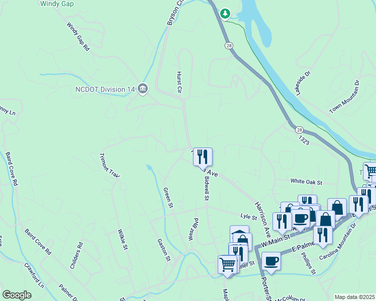 map of restaurants, bars, coffee shops, grocery stores, and more near 527 Green Street in Franklin