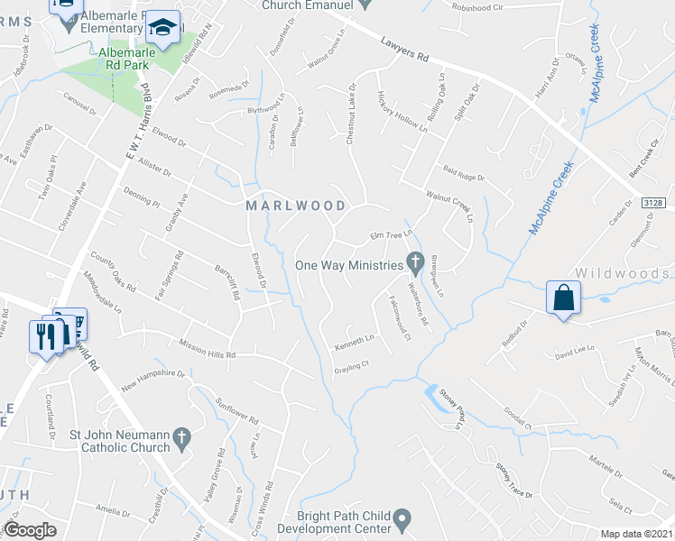 map of restaurants, bars, coffee shops, grocery stores, and more near 7401 Palmetto Court in Charlotte