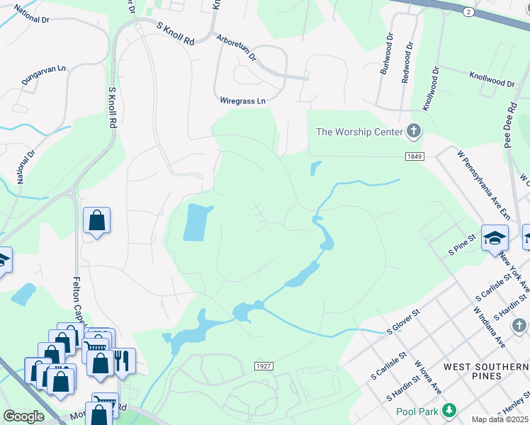map of restaurants, bars, coffee shops, grocery stores, and more near 116 West Chelsea Court in Southern Pines