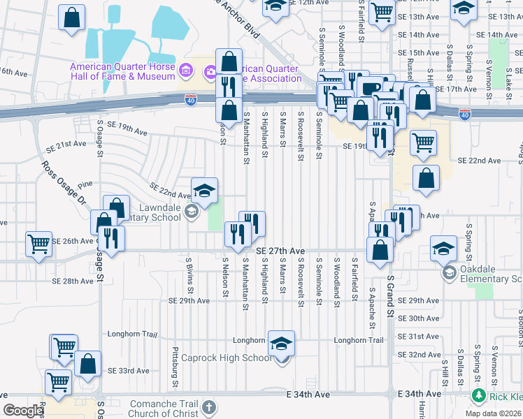 map of restaurants, bars, coffee shops, grocery stores, and more near 1942 South Highland Street in Amarillo