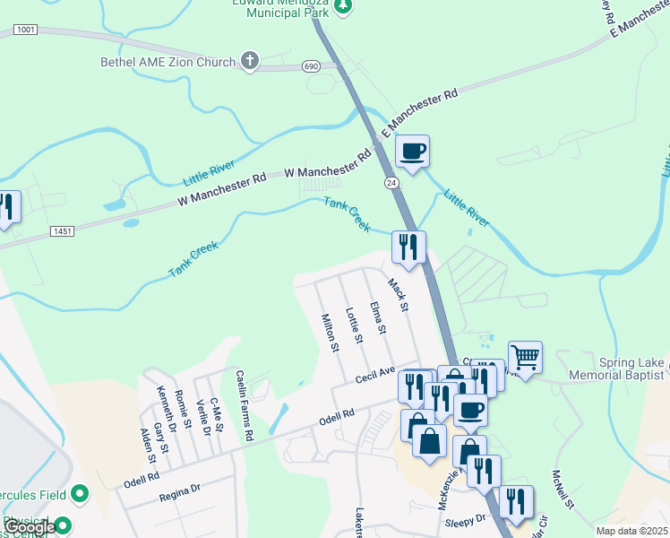 map of restaurants, bars, coffee shops, grocery stores, and more near 1600 Mack Street in Spring Lake