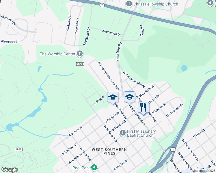 map of restaurants, bars, coffee shops, grocery stores, and more near 1545 West New York Avenue in Southern Pines