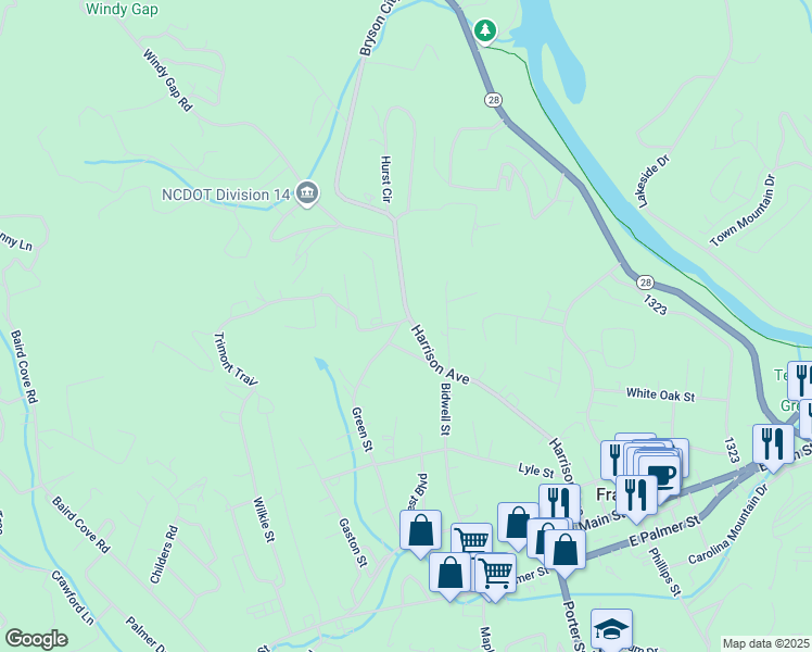 map of restaurants, bars, coffee shops, grocery stores, and more near 527 Green Street in Franklin