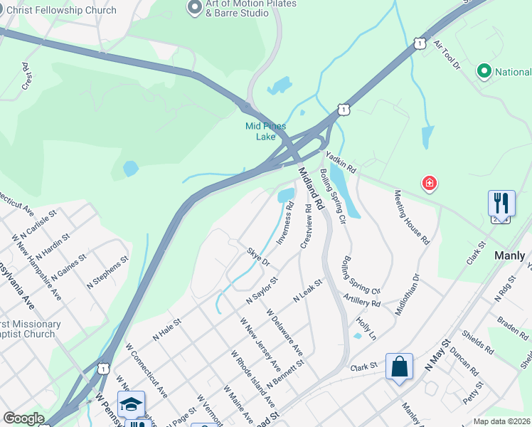 map of restaurants, bars, coffee shops, grocery stores, and more near 969 San Davis Road in Southern Pines