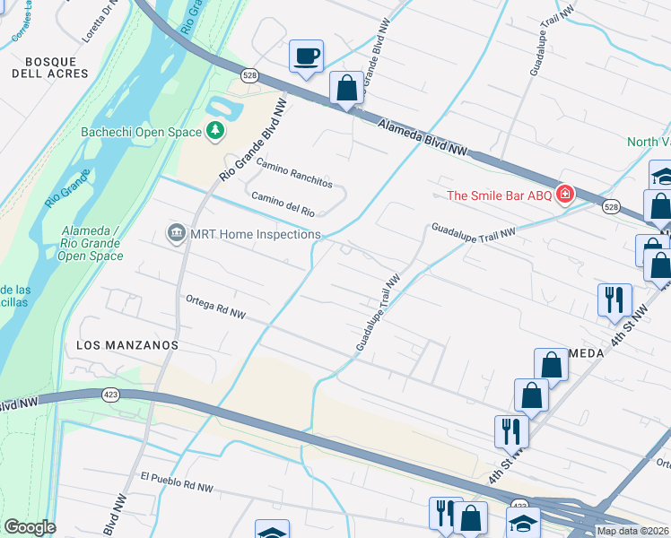 map of restaurants, bars, coffee shops, grocery stores, and more near 9013 Guadalupe Trail Northwest in Albuquerque
