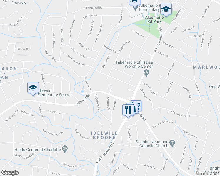 map of restaurants, bars, coffee shops, grocery stores, and more near 6530 Lynmont Drive in Charlotte