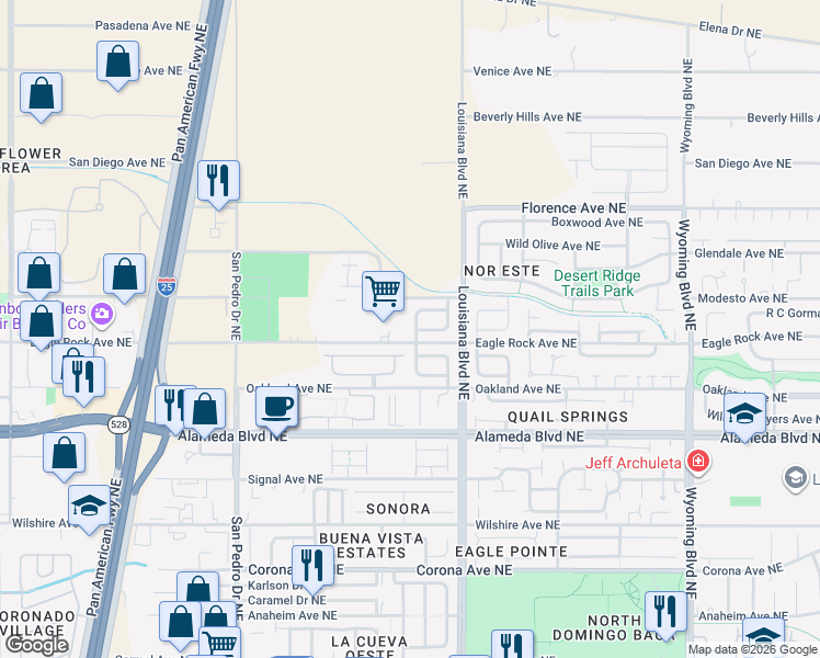 map of restaurants, bars, coffee shops, grocery stores, and more near 6901 Schist Avenue Northeast in Albuquerque