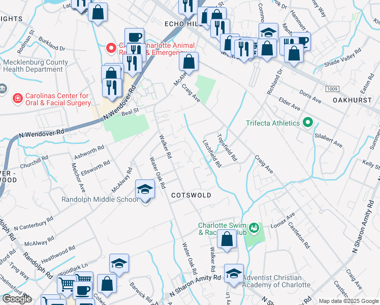 map of restaurants, bars, coffee shops, grocery stores, and more near 932 Hollywood Street in Charlotte